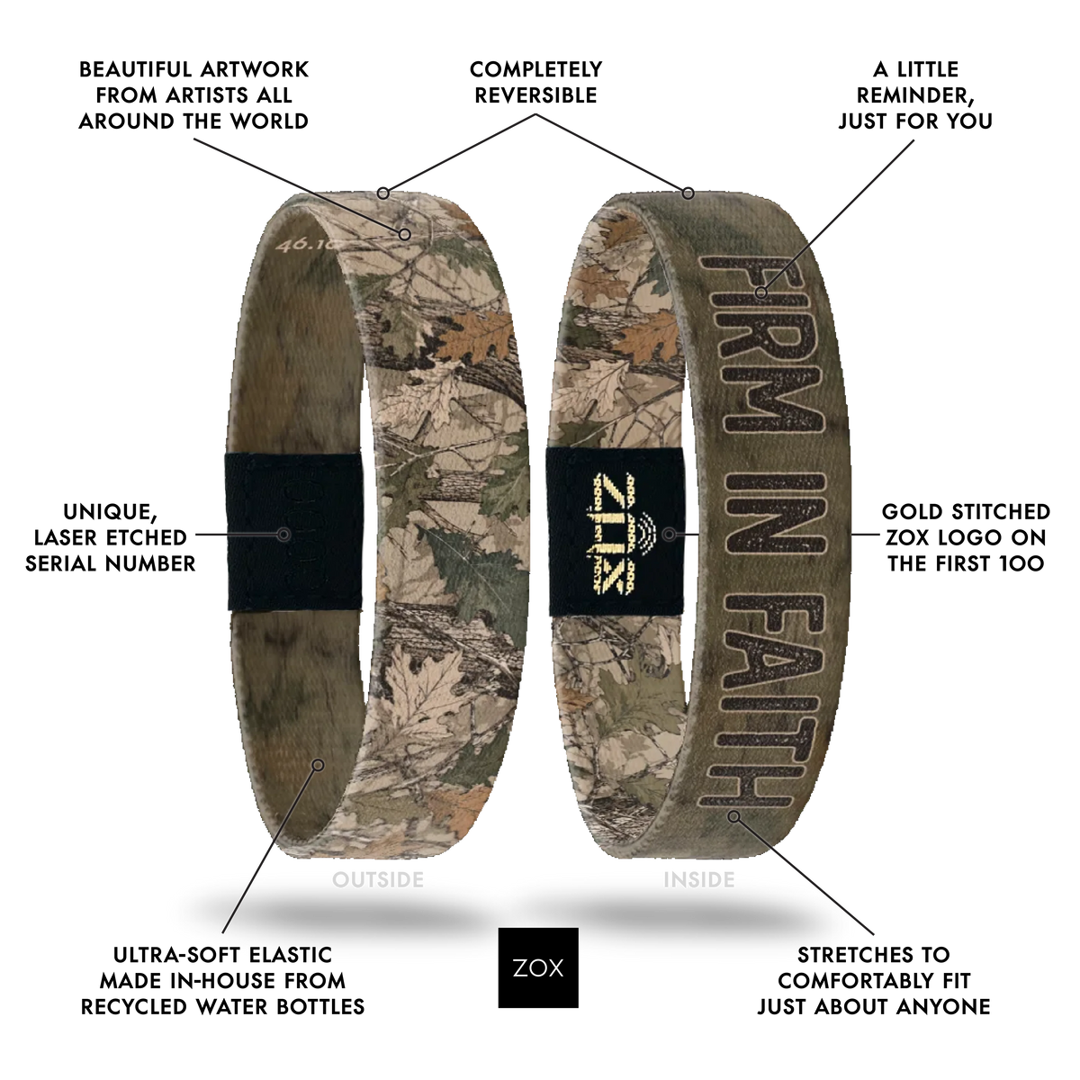 Front and back views of the Firm In Faith bracelet with callouts labeling its design features
