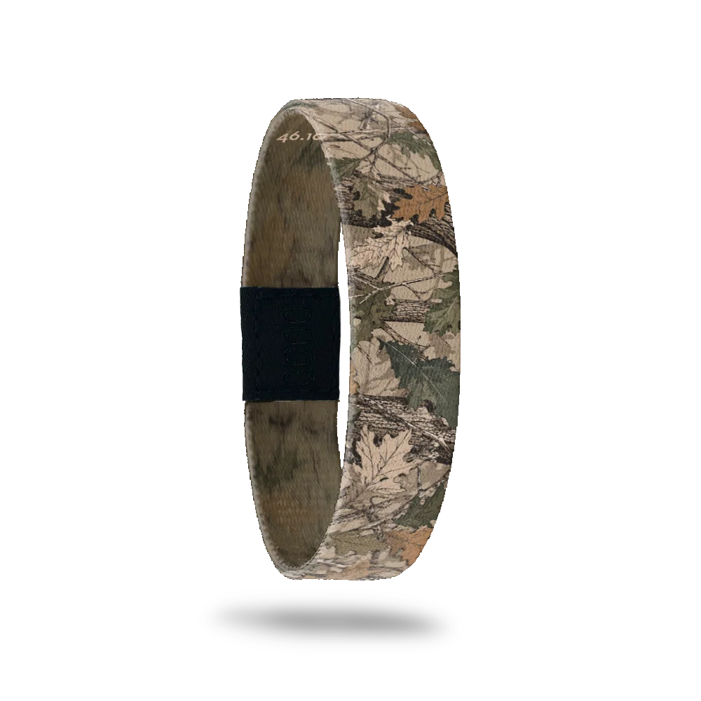 Firm In Faith Bible verse bracelet in woodland camouflage with layered leaves in brown, green and tan