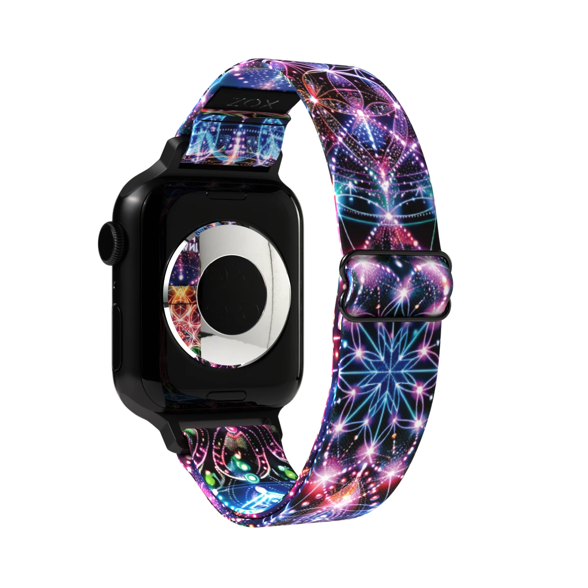 Product photo of the outside of the Focus Inward watch band. The design showcases a similar multicolored geometric pattern, featuring intricate, glowing shapes in various colors against a dark background.