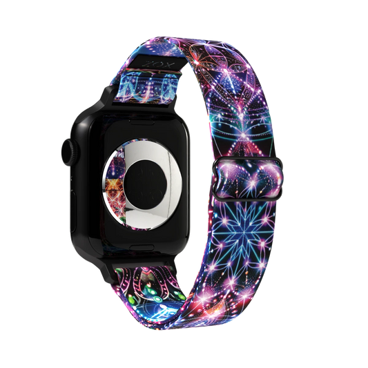 Product photo of the outside of the Focus Inward watch band. The design showcases a similar multicolored geometric pattern, featuring intricate, glowing shapes in various colors against a dark background.