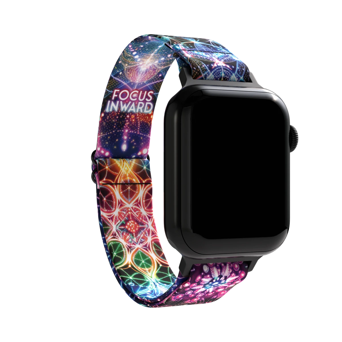 Product photo of the inside of the Focus Inward watch band. The design features a vibrant pattern of multicolored geometric shapes and lights, with the phrase "FOCUS INWARD" in bold white text near the top.