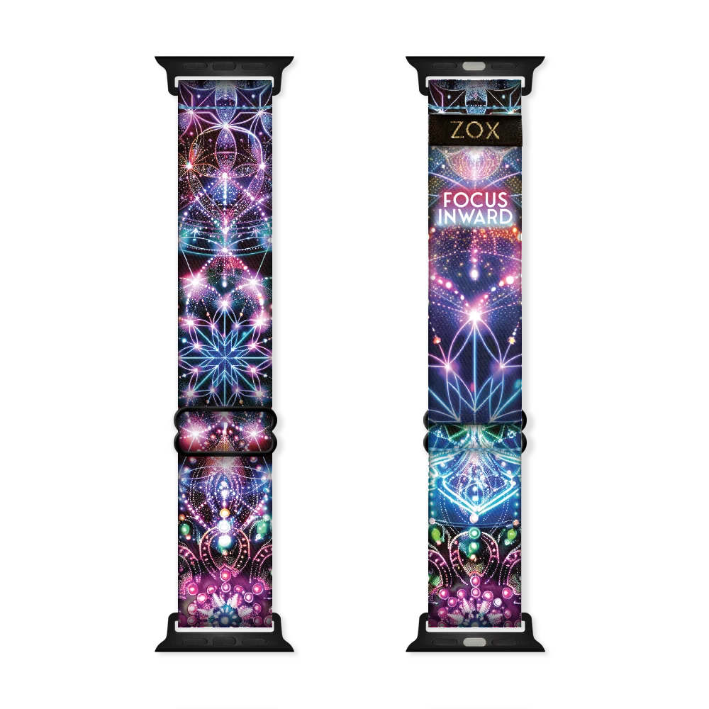 Apple Watchband render of the Focus Inward design, showing both the outside (left) and inside (right) of the band. The outer side on the left features a detailed multicolored geometric pattern with intricate, glowing shapes in shades of purple, blue, pink, and green. The inside on the right has a similar pattern with the phrase "FOCUS INWARD" in bold white text near the top. The ZOX logo is on a black tag sewn near the top.