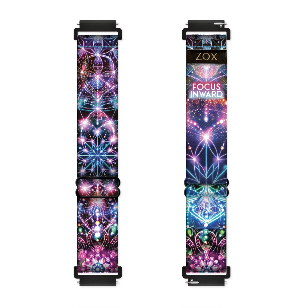 Android Watchband render of the Focus Inward design, showing both the outside (left) and inside (right) of the band. The outer side on the left features a detailed multicolored geometric pattern with intricate, glowing shapes in shades of purple, blue, pink, and green. The inside on the right has a similar pattern with the phrase "FOCUS INWARD" in bold white text near the top. The ZOX logo is on a black tag sewn near the top.