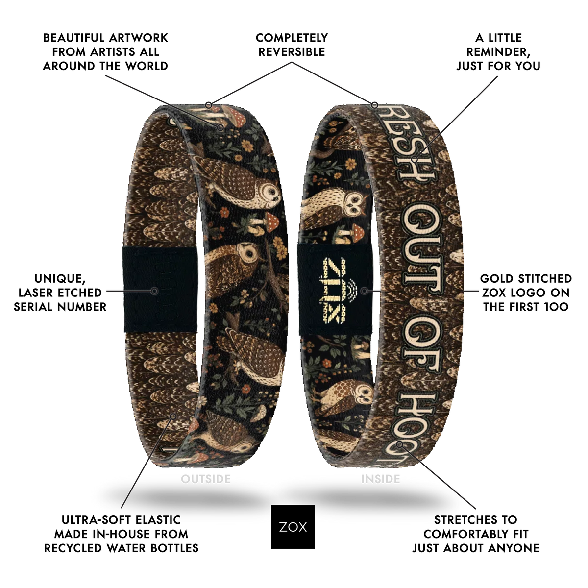 Front and back views of the Fresh Out Of Hoots bracelet with callouts labeling its design features