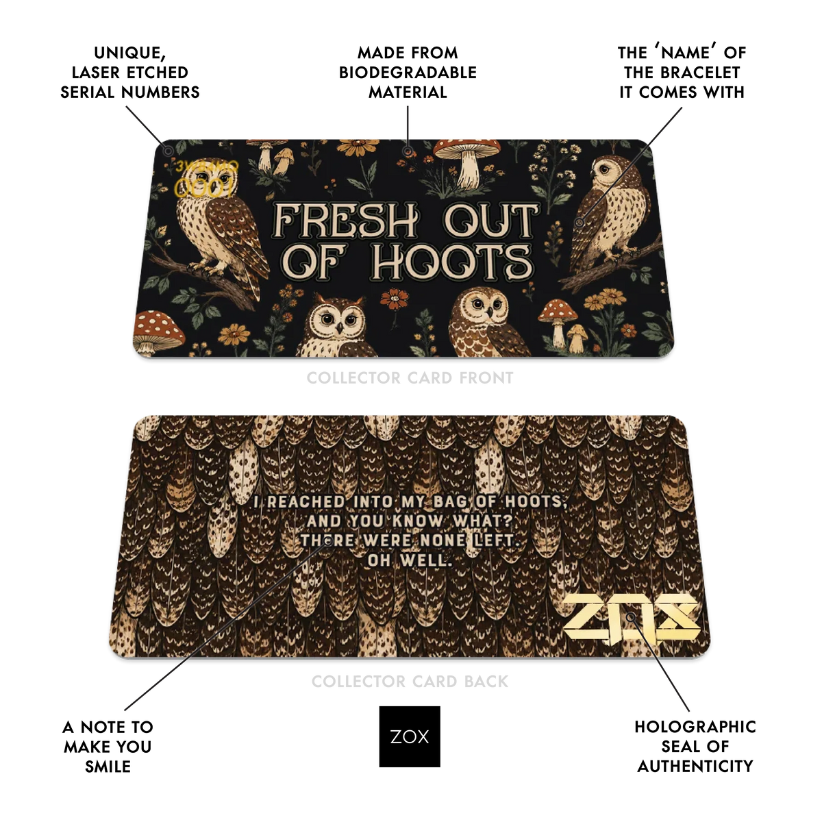 Front and back of the Fresh Out Of Hoots collector card with callouts labeling its features