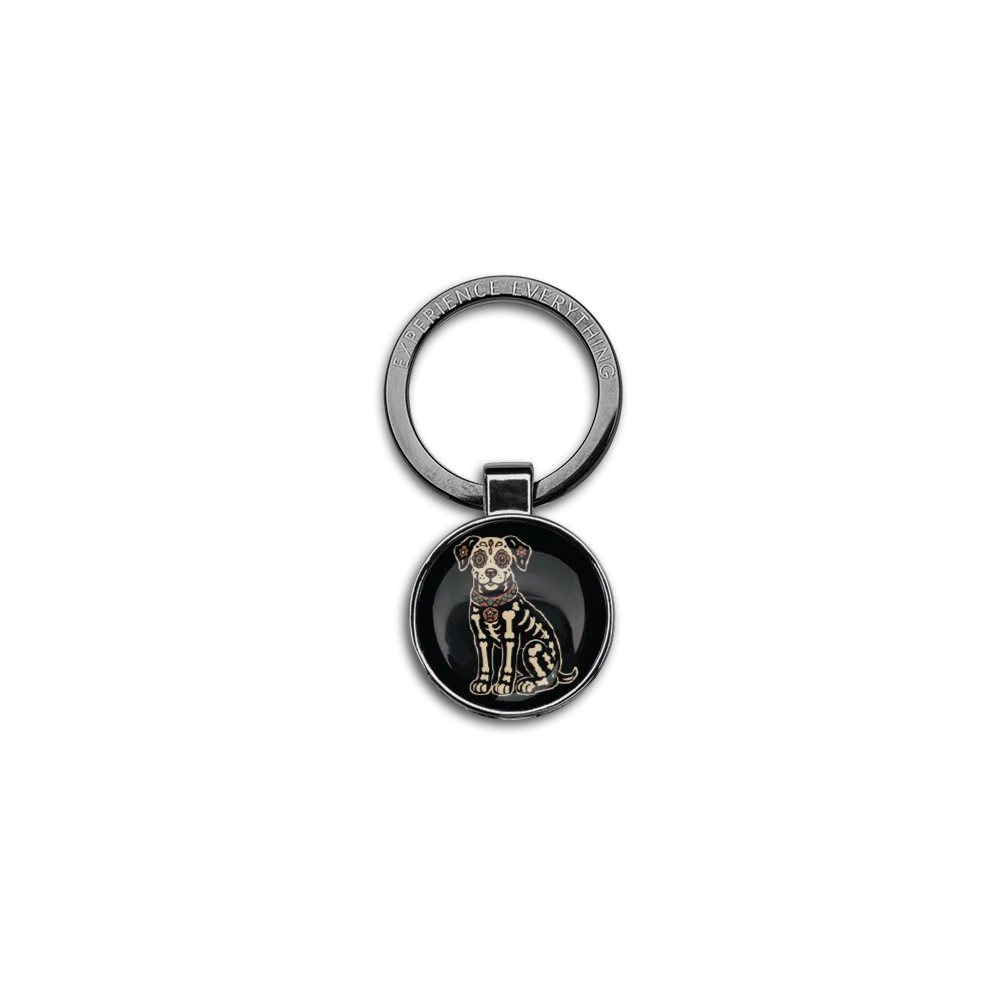 Front of the Friends Furever ZOXLOX keychain with Day of the Dead skeleton dog artwork