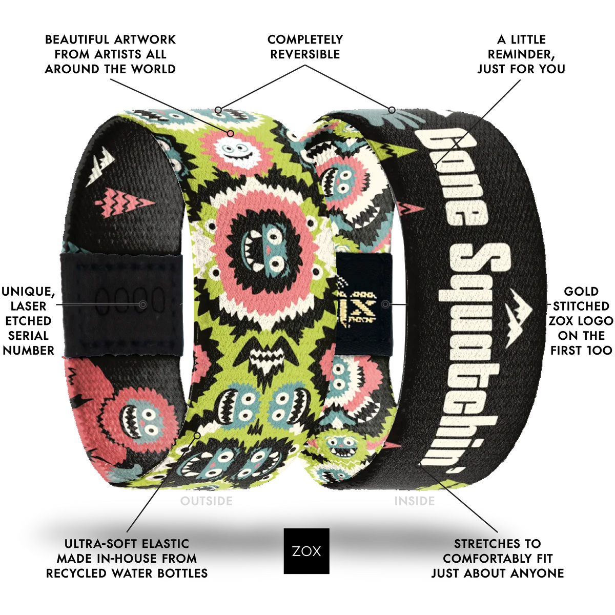 Front and back views of the Gone Squatchin' bracelet with callouts labeling its design features