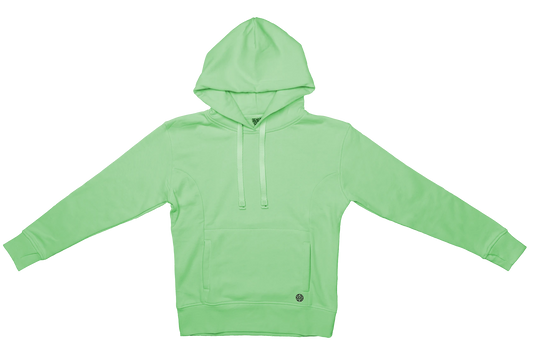 Pullover hoodie with a kangaroo pocket and thumholes in the sleeves. Comes in solid bright green and has a matching green hoodie string. 