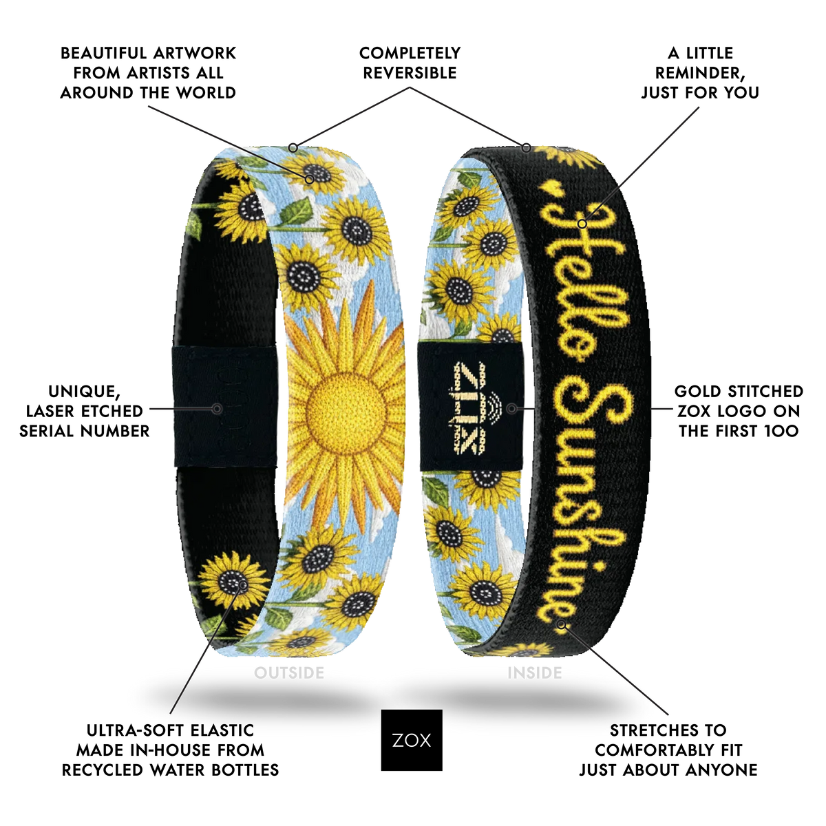Front and back views of the Hello Sunshine bracelet with callouts labeling its design features