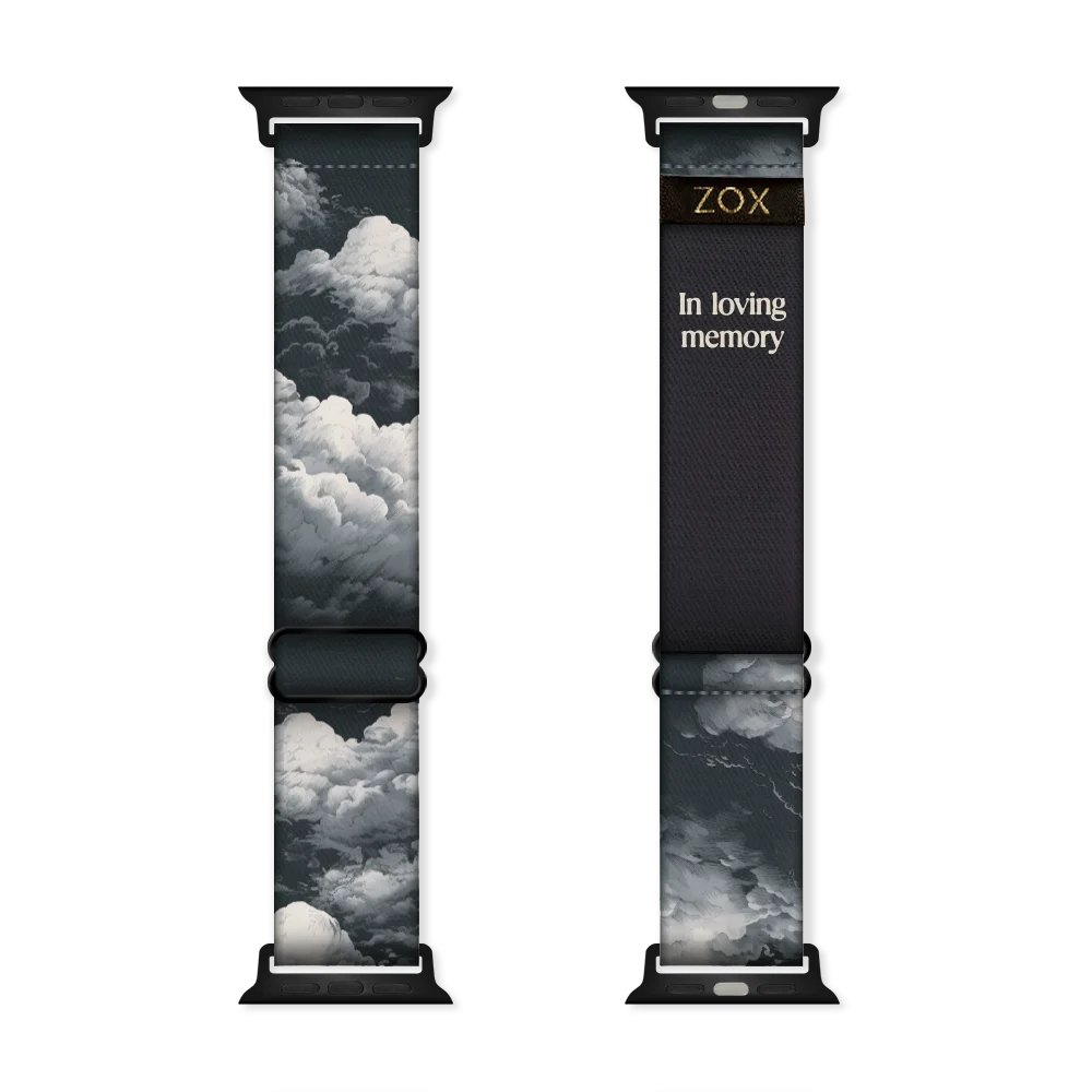 Watchband with grey and white clouds all over. The same design inside and reads In Loving Memory. Check the size guide for compatible watches. 