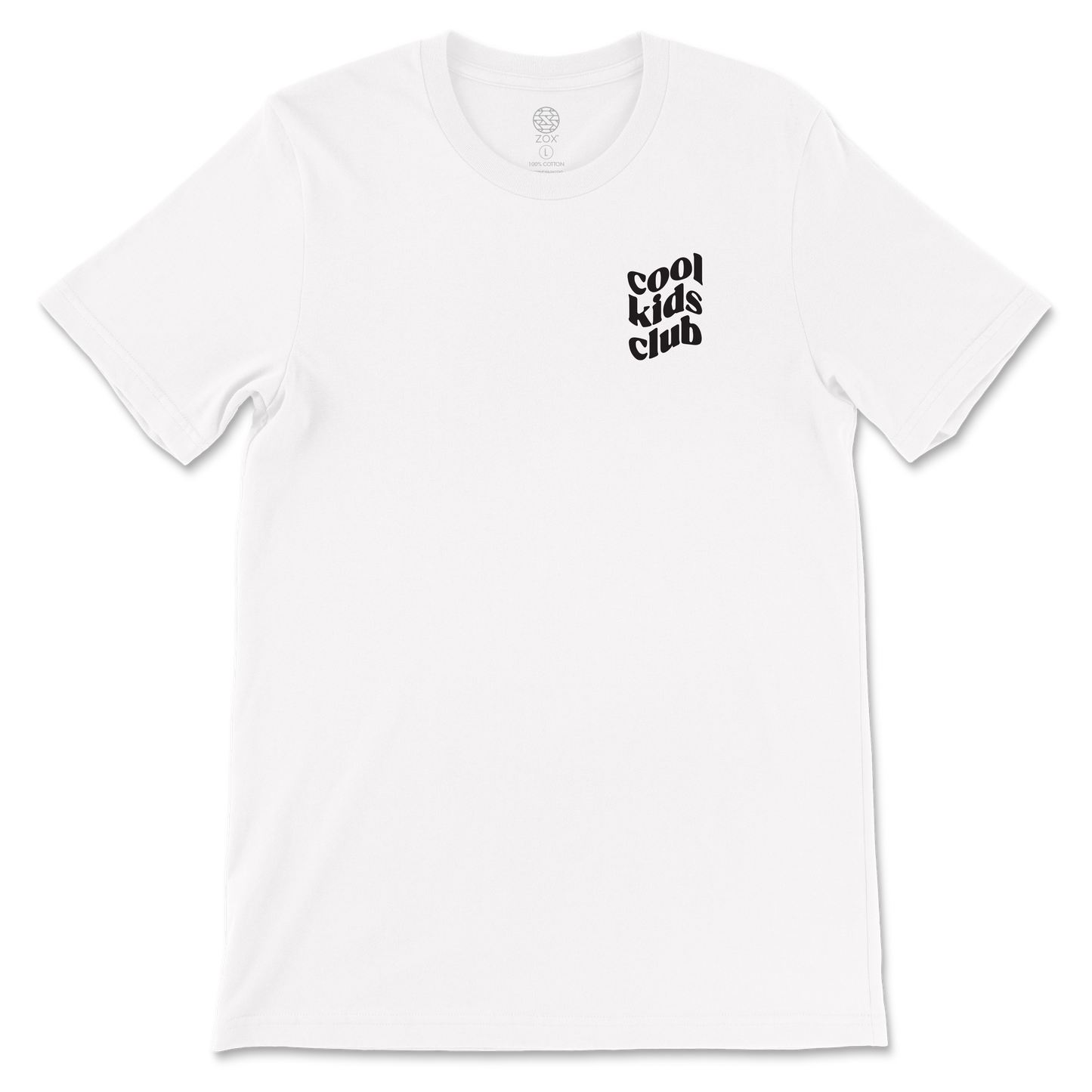 This is a white crew neck tshirt. The left chest reads Cool Kids Club in a wavy font and the back is a large smiley face in yellow. Around the face it reads It's Still Cool To Be Kind. 