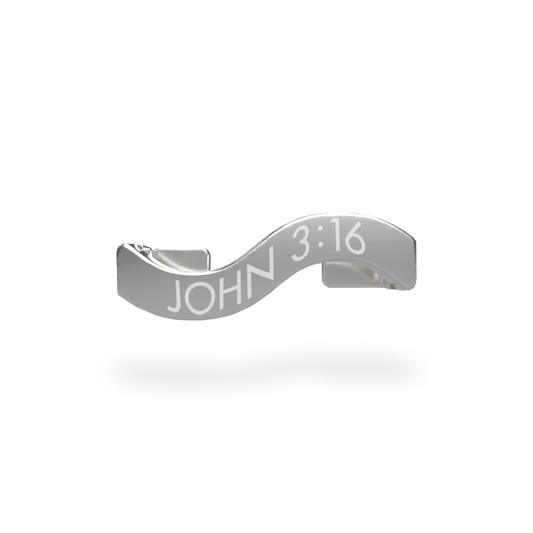 This is a charm that fits ZOX single wristbands, lanyards and hoodie strings only. It is made from stainless steel and is silver in color. The words JOHN 3:16 are etched in the metal.