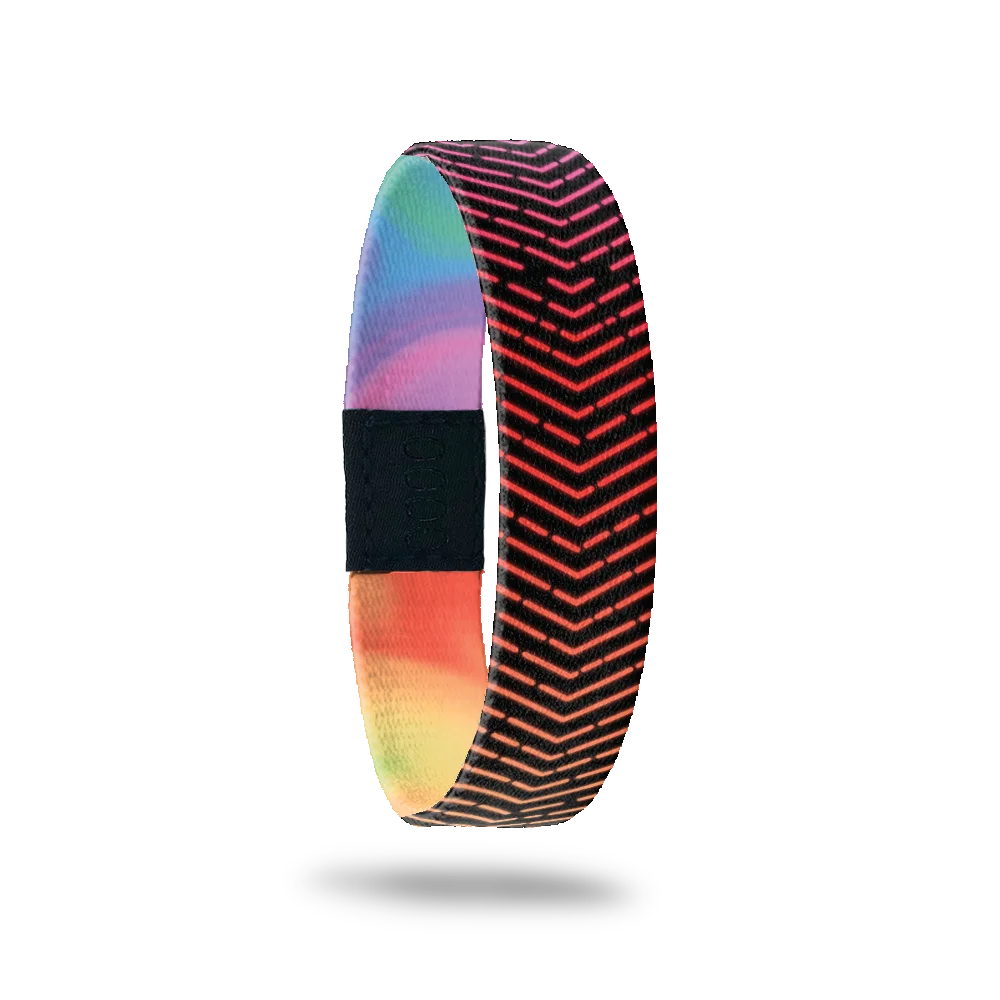 Wristband single with a black base. The outside is a gradient crosshatch pattern and the colors vary from each ZOX eith reds, blue, greens and purples. The inside is a swirl gradient as well and says KEEP.