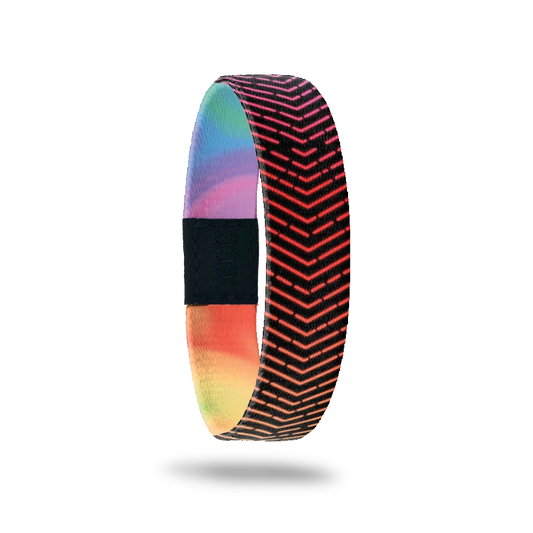 Wristband single with a black base. The outside is a gradient crosshatch pattern and the colors vary from each ZOX eith reds, blue, greens and purples. The inside is a swirl gradient as well and says KEEP.