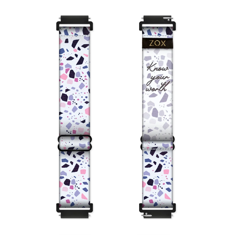 Watchband with a white base. The design is purple, pink, black and grey speckles all over. The inside is the same and reads Know Your Worth. Check the size guide for compatible watches.