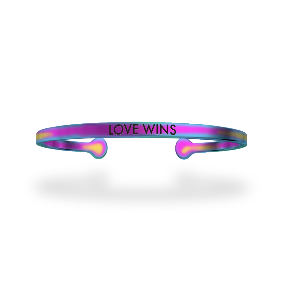 Stainless steel with a holygraphic rainbow coating and has Love Wins etched in it. 