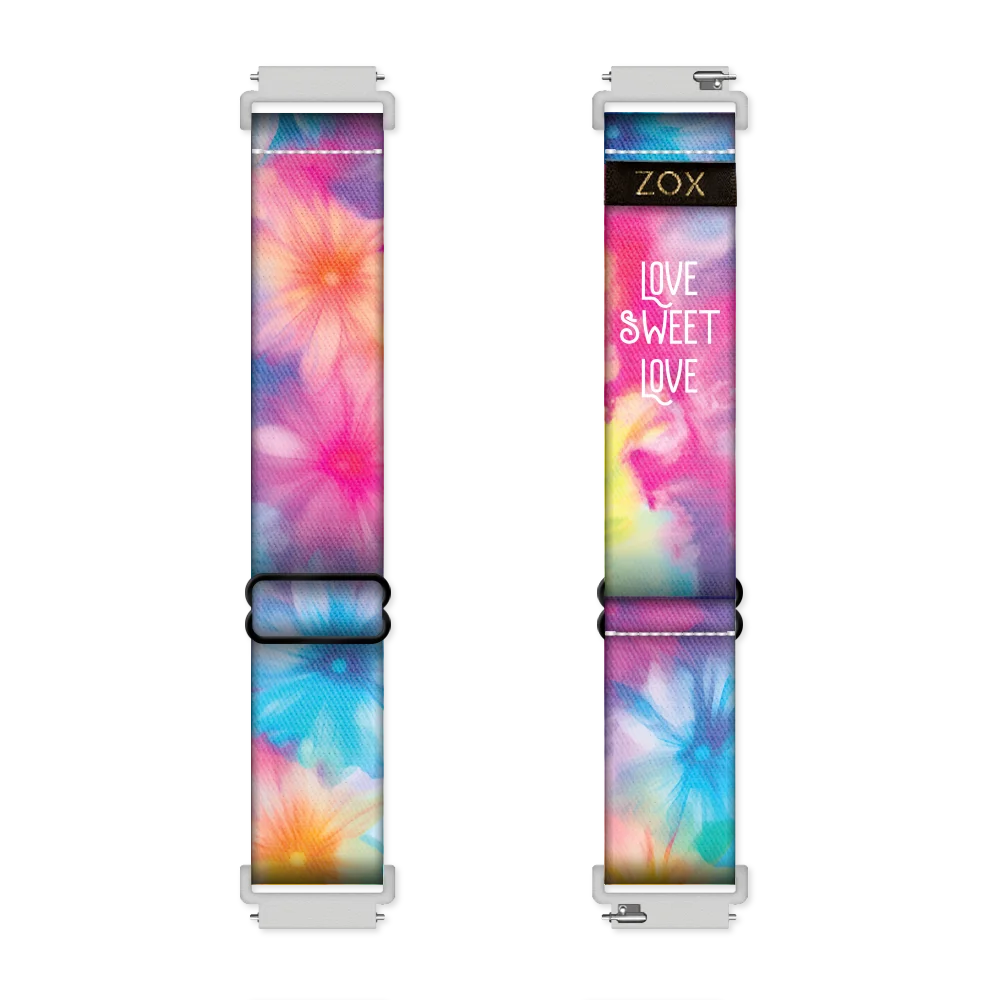 Watchband is brightly colored flowers all over. Very tie-dye looking with blue, pink, orange, yellow and lime green.  Will fit Apple and Android watches, please check size guides for compatibility. 