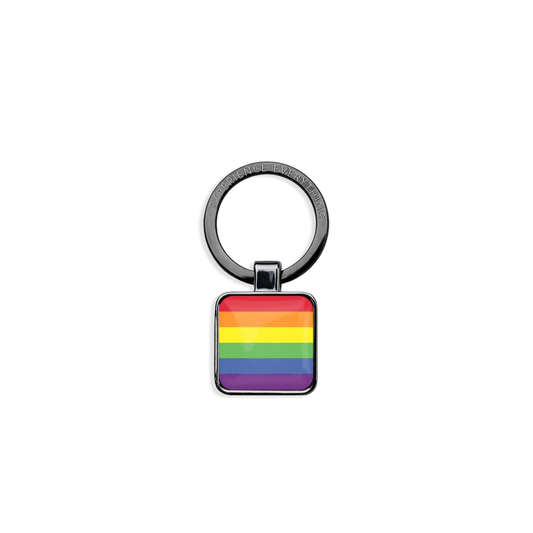 ZOXlox has a keyring on one end and a square connector on the other end which olds your wristband single to make into a keychain. The design is a rainbow and the other side says Love Wins. 