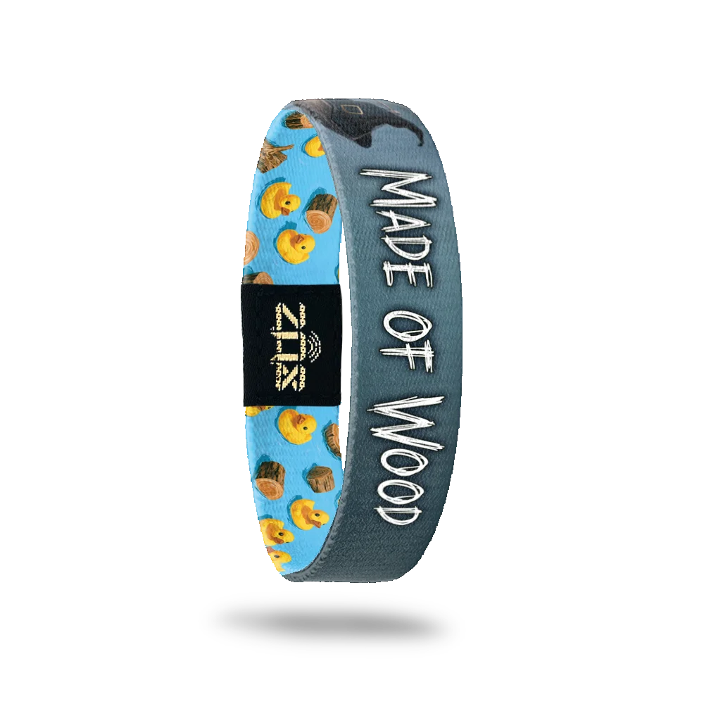 Inside of the Made of Wood bracelet, with the words Made of Wood beside a witch hat
