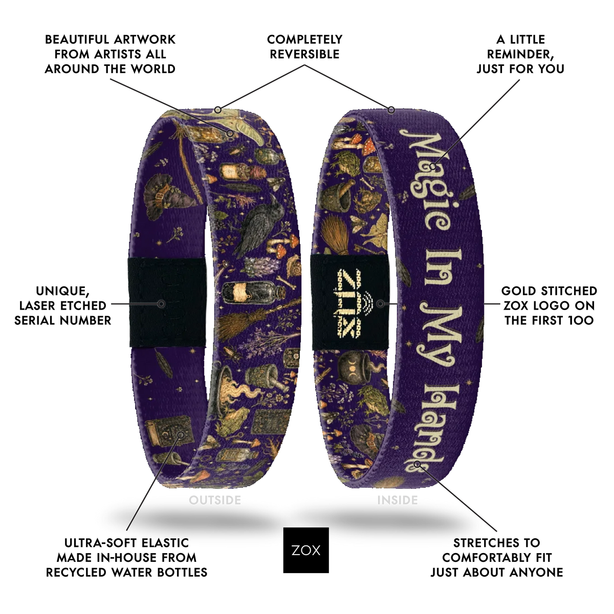 Front and back views of the Magic In My Hands bracelet with callouts labeling its design features