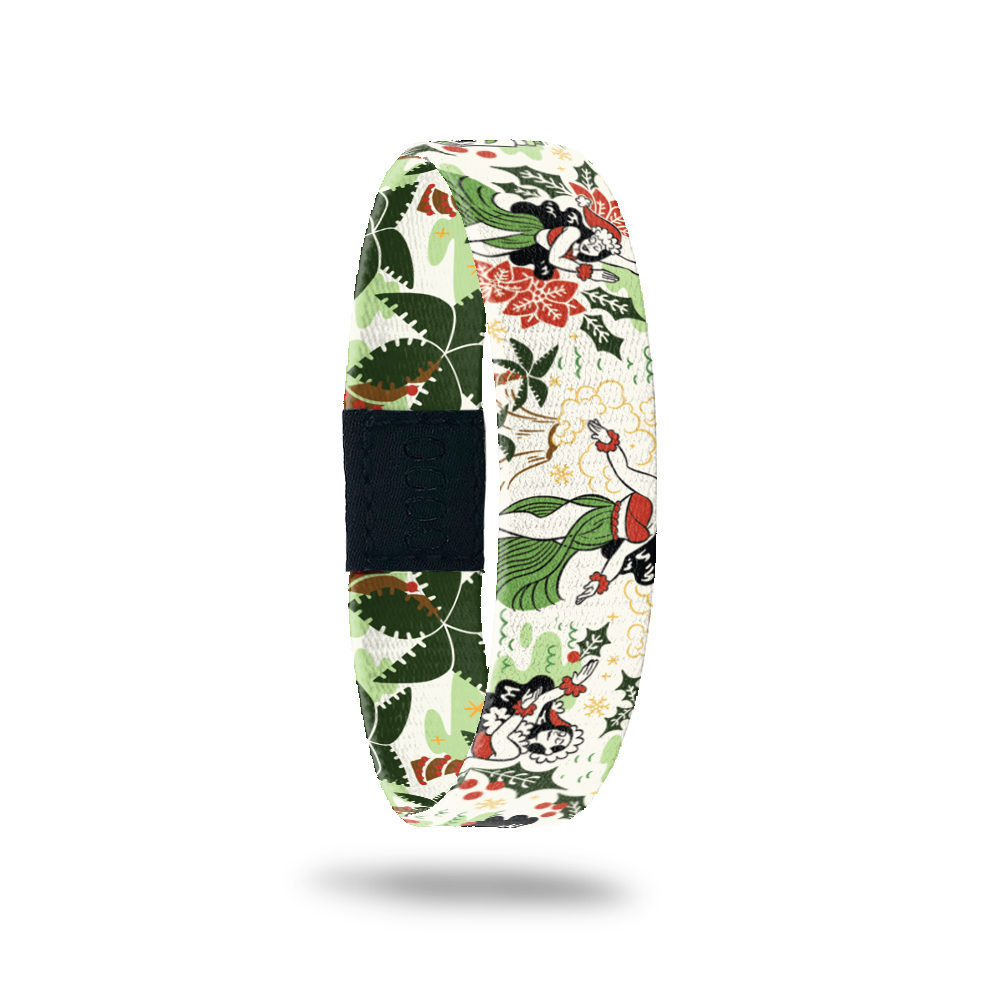 Outside is beige with green, black and red hula dancers and trees all over. 