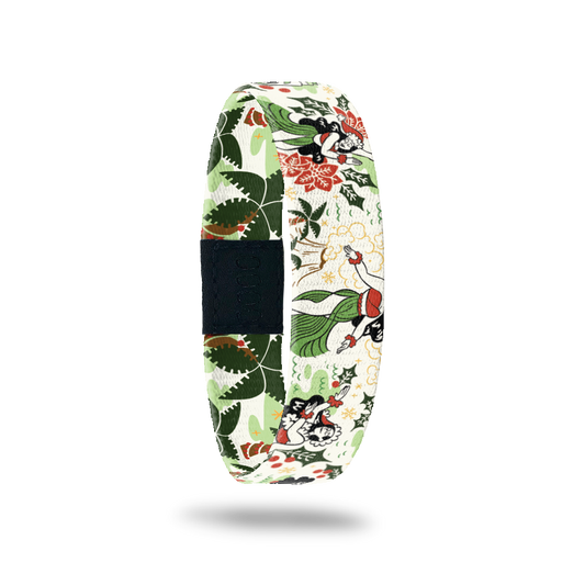 Outside is beige with green, black and red hula dancers and trees all over. 