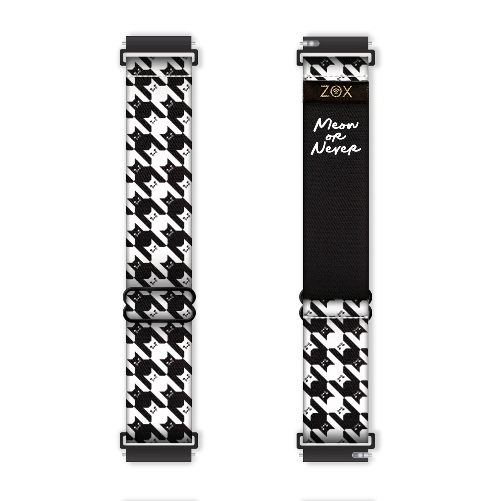 Meow or Never watch band shown on a watch, in a black and white pattern of cat faces