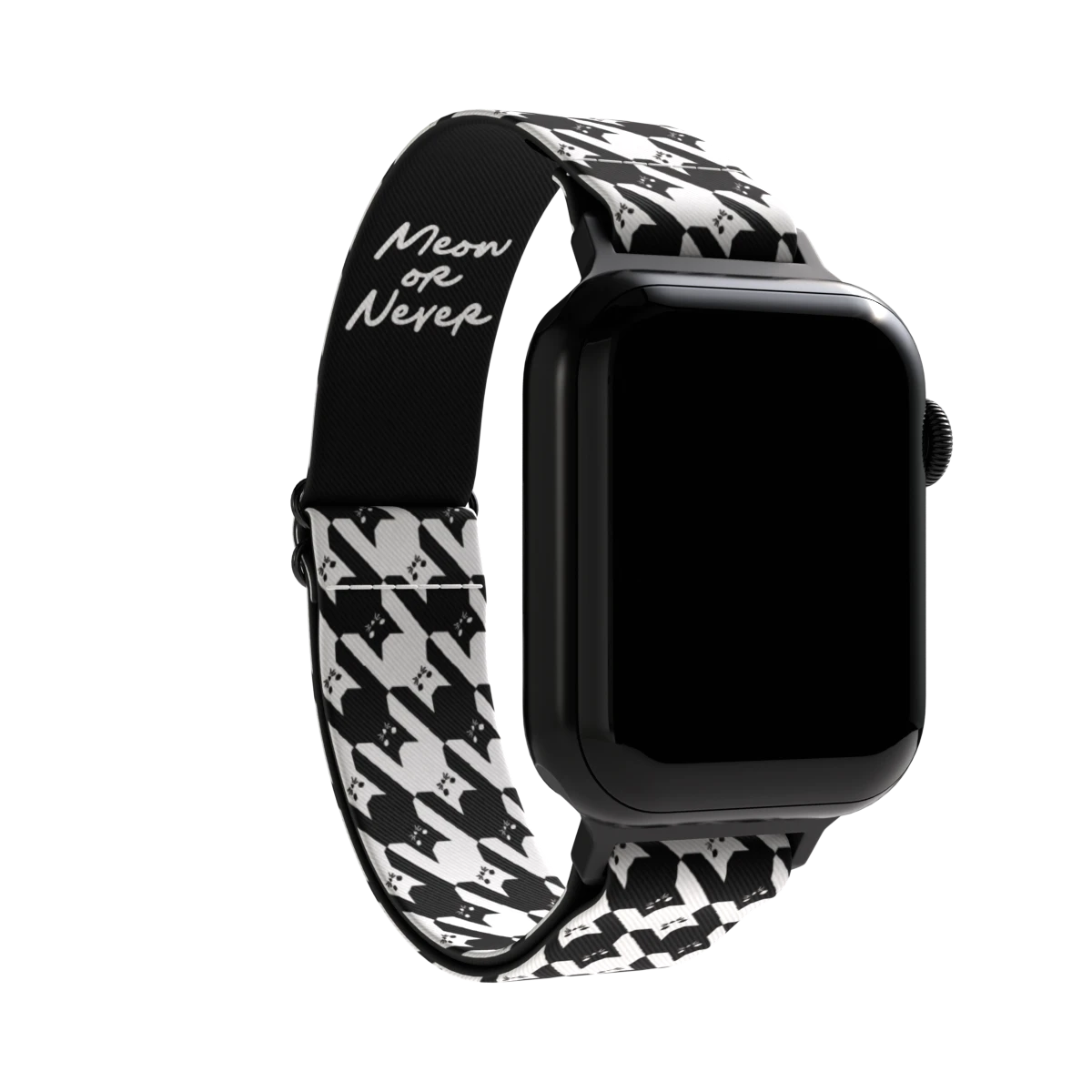 Meow or Never watch band in a black and white houndstooth pattern made of cat faces