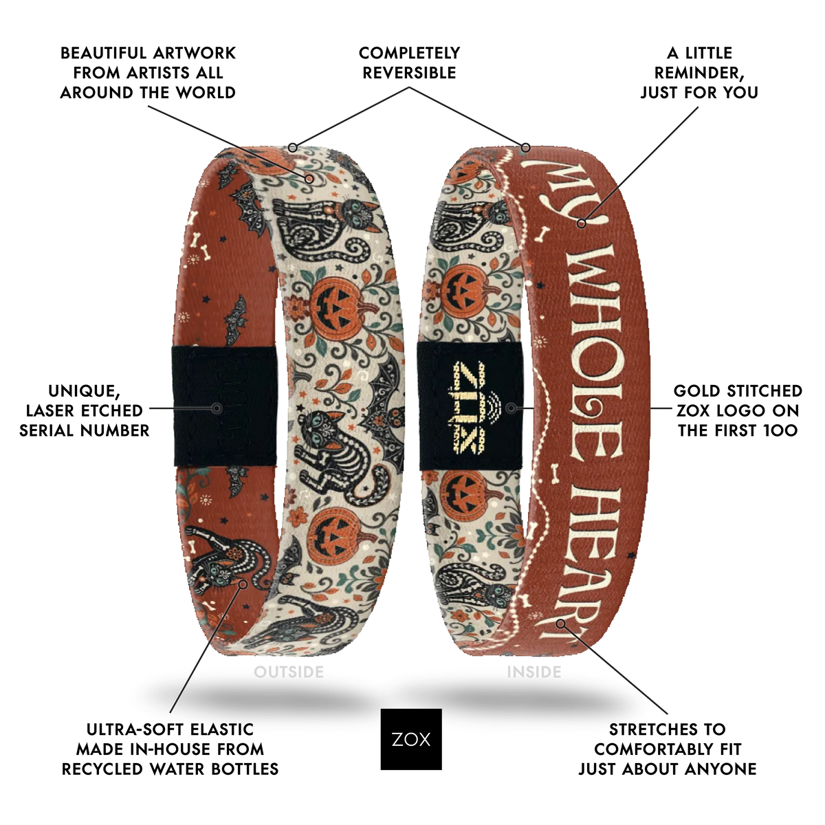 Front and back views of the My Whole Heart bracelet with callouts labeling its design features