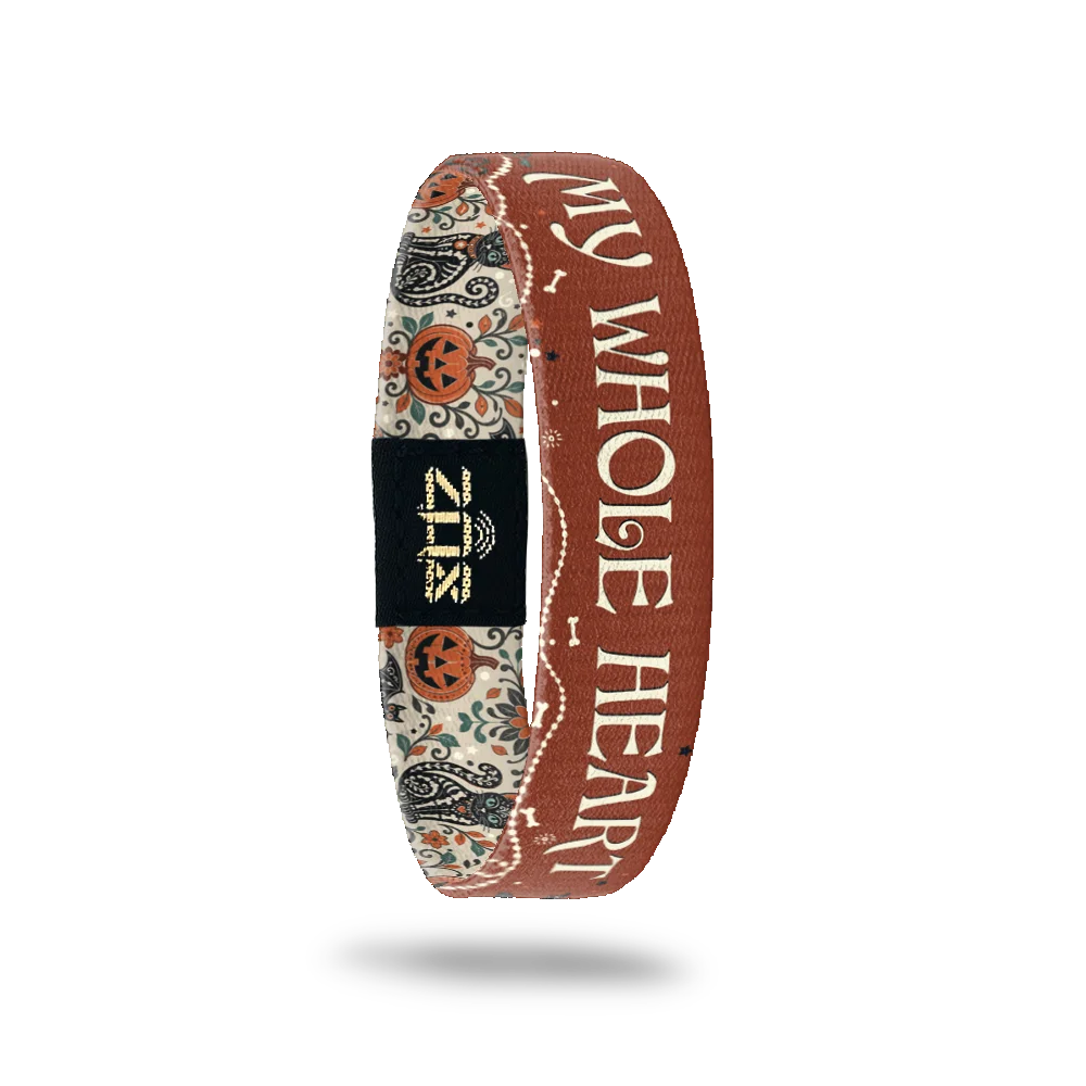 Inside of the My Whole Heart bracelet, with the words My Whole Heart across the Day of the Dead cat print
