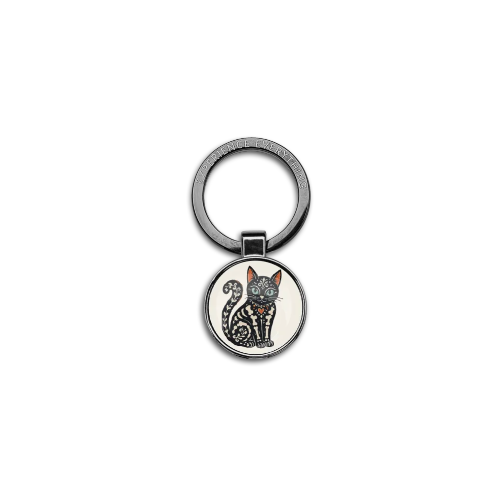 Front of the My Whole Heart ZOXLOX keychain with Day of the Dead skeleton cat artwork