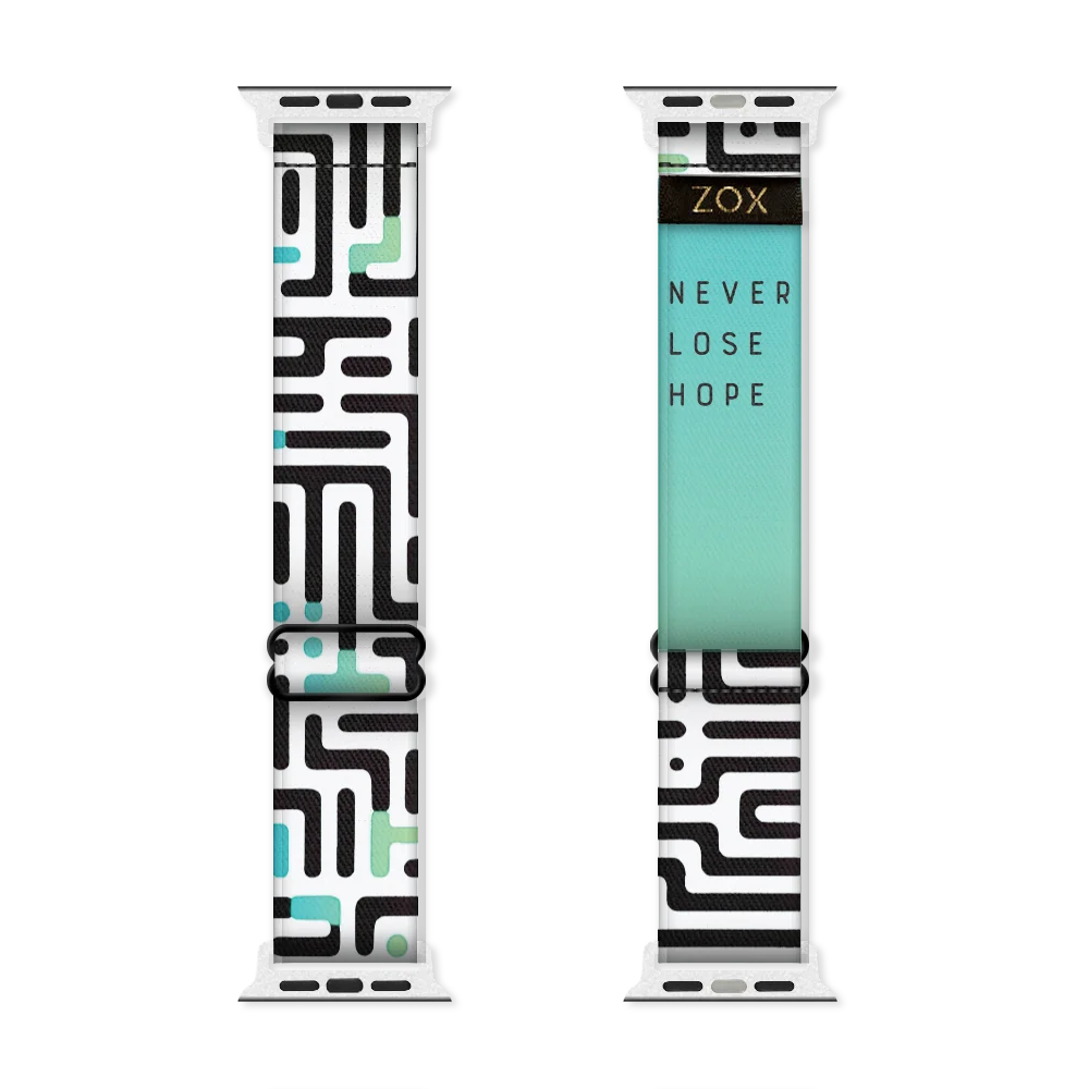 Watchband. This design has an underlying green and teal gradient effect with black and white maze on top. The inside is the same gradient and reads Never Lose Hope. Check out the size guide for compatible watches.