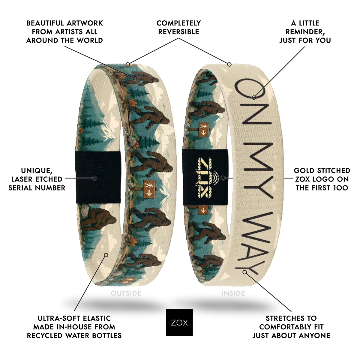 Front and back views of the On My Way bracelet with callouts labeling its design features