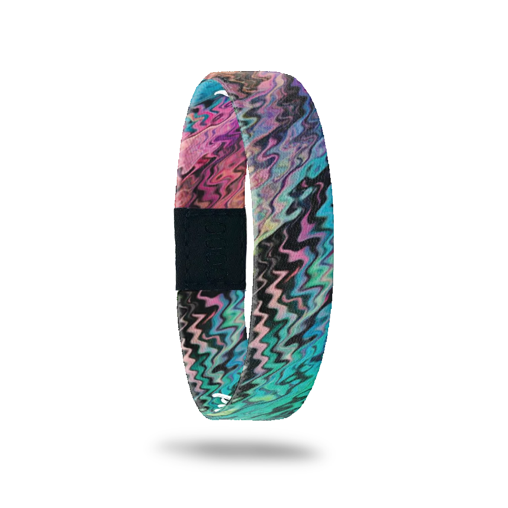 Wristband single with pink, purple, blue, teal, black and read abstract paint swirls. The inside is the same and reads Progress Not Perfection. 