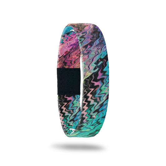 Wristband single with pink, purple, blue, teal, black and read abstract paint swirls. The inside is the same and reads Progress Not Perfection. 