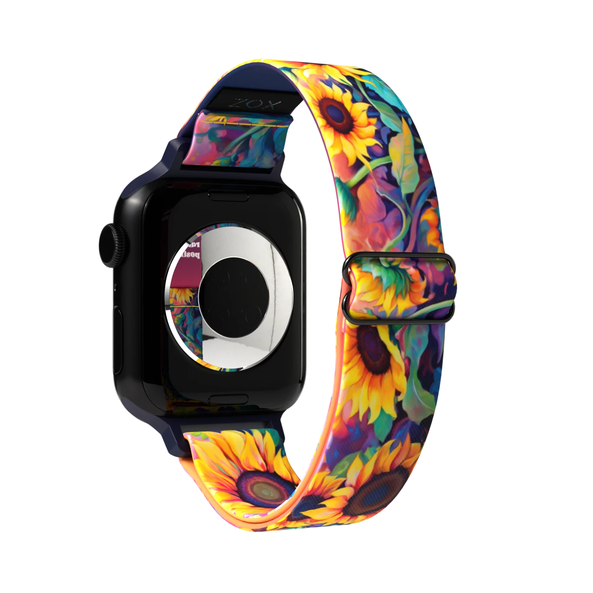 Product photo of the outside of the Radiate Positivity watch band. The design is vibrant and features a colorful sunflower pattern with bright yellow, orange, and green hues against a deep, dark background. The sunflowers are detailed with various shades, creating a realistic and lively appearance. The strap has a black buckle and loops to secure the watch in place.