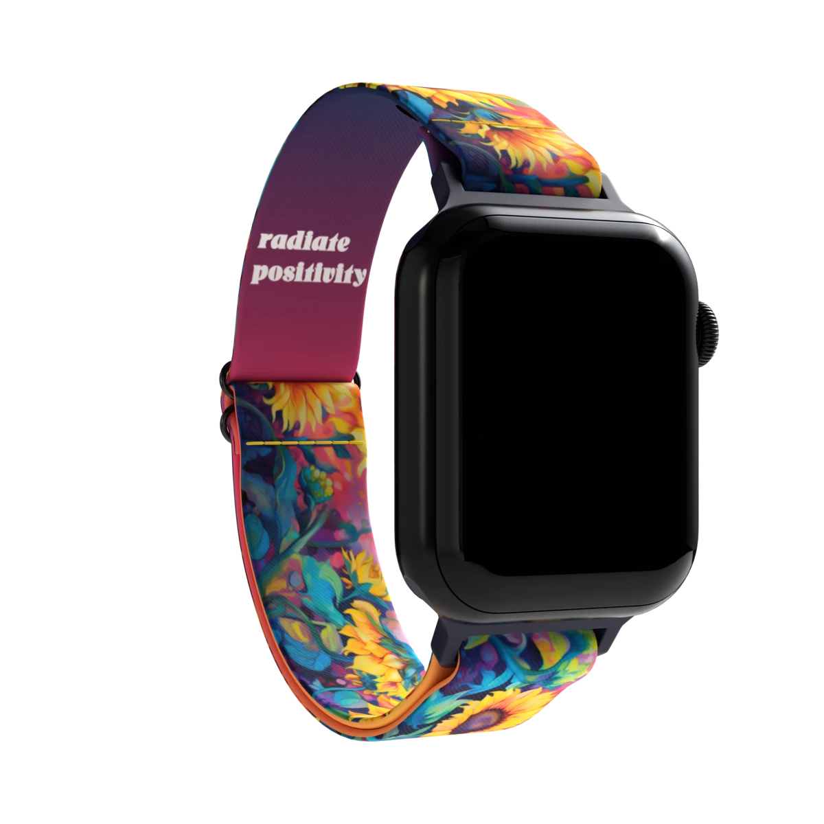 Product photo of the inside of the Radiate Positivity watch band. The inner side features a gradient background that transitions from dark purple to a deep pink, with the phrase 'radiate positivity' printed in bold white text. The text is clear and stands out against the colorful gradient, reinforcing the positive message.