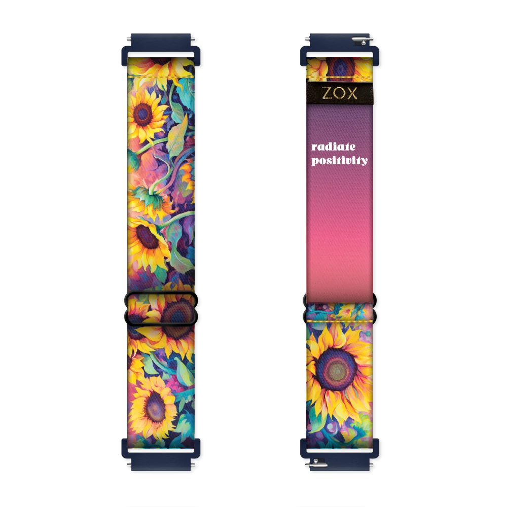 Android watchband render of the Radiate Positivity design, showing both the outside (left) and inside (right) of the band. The outer side on the left features a vibrant sunflower pattern with bright yellow petals, dark centers, and green leaves against a deep, contrasting background. The inside on the right displays a gradient design transitioning from deep purple at the top to vibrant pink at the bottom, with the phrase 'radiate positivity' printed in bold white text. The ZOX logo is visible near the top.