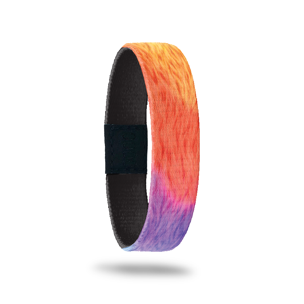 Design is a fuzzy looking rainbow gradient. Comes with a matching pin of a monster in the shape of a fuzzy rainbow. 