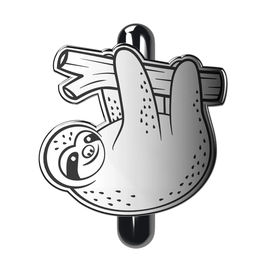 A 3D render of a metal pin in the shape of a cartoon sloth. The sloth is hanging from a branch with all four limbs, featuring a cute, smiling face and a simple design with minimal detailing. The pin has a shiny, silver finish with dark accents to highlight the sloth's features.