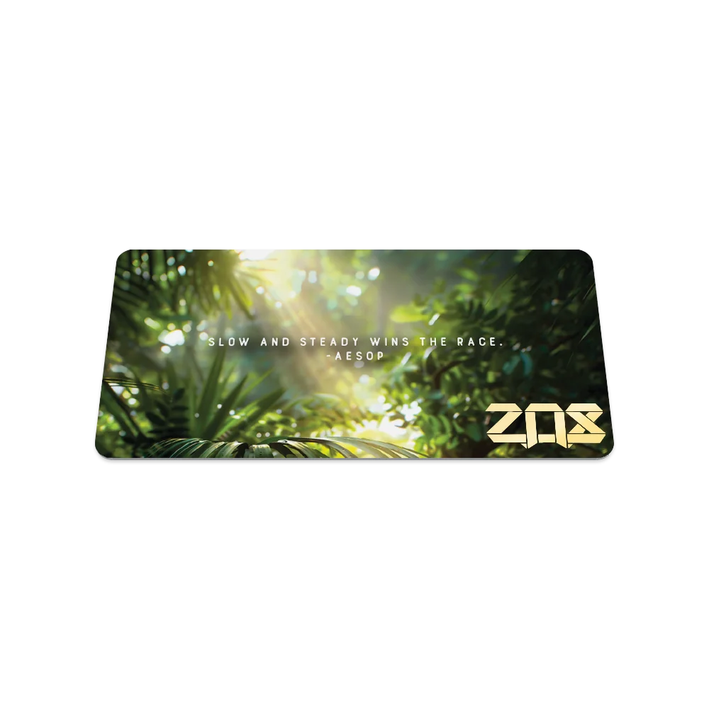 The back of the card shows a serene forest scene with sunlight streaming through the leaves. Centered white text reads, "Slow and steady wins the race. -Aesop." The lower right corner features a gold "ZOX" logo.