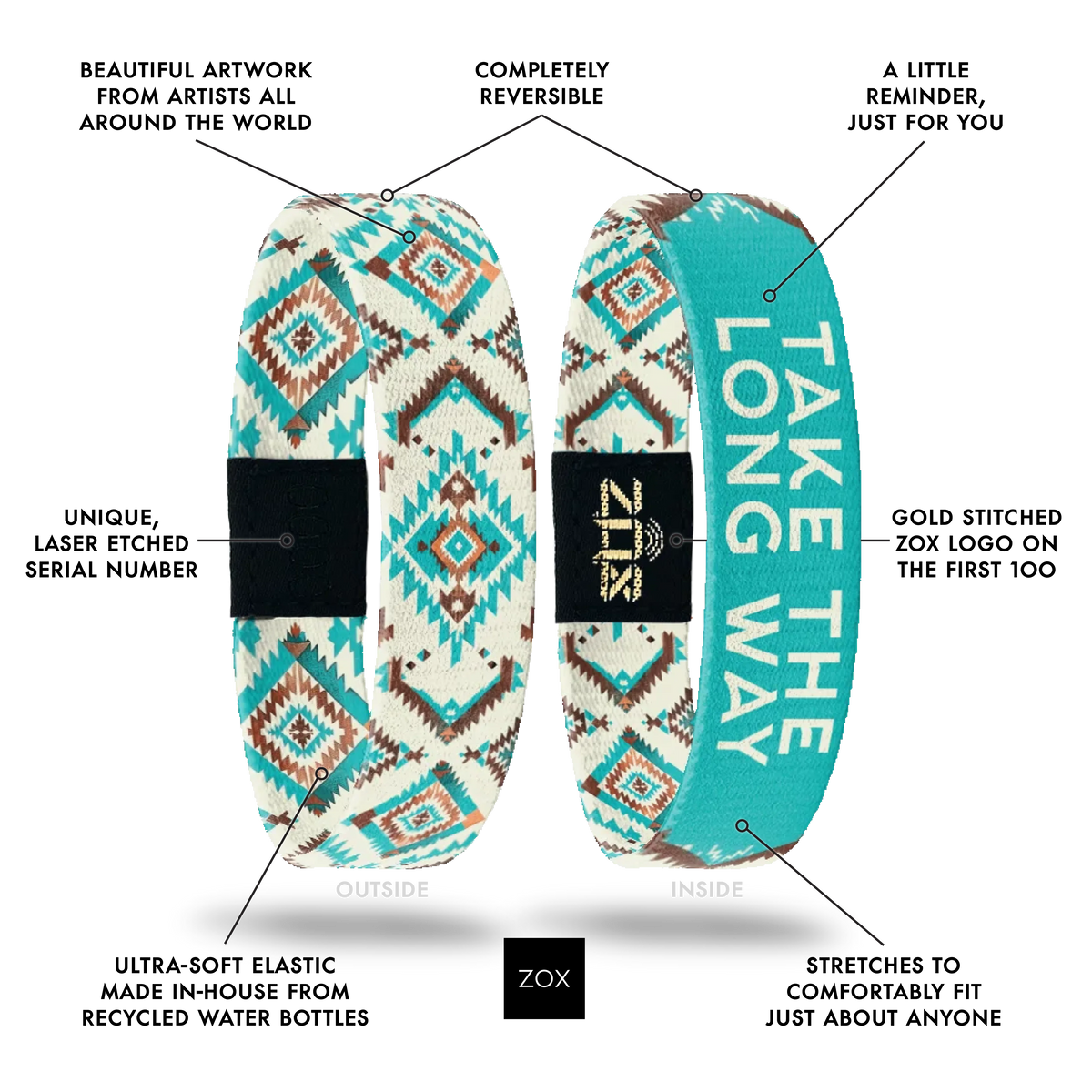 Front and back views of the Take The Long Way bracelet with callouts labeling its design features