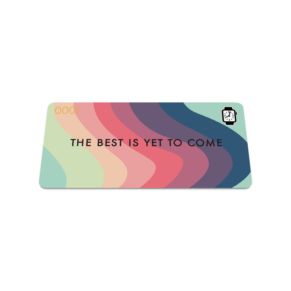 The Best Is Yet to Come Watchband. Wavy design including teal, blue, red, pink, purple, orange in pastel tones. Card front.