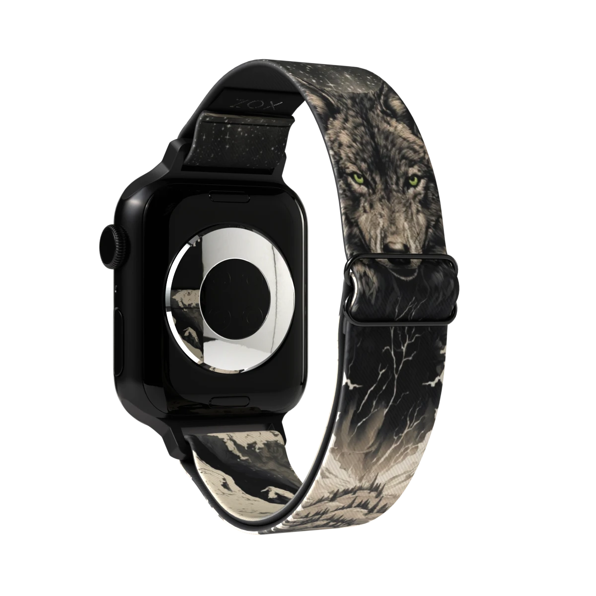 The Wolf Within Watch Band features an illustrated wolf with green eyes on a dark, nature-inspired background, symbolizing inner strength. Designed to fit a black-cased smartwatch, the product name appears prominently on the band.