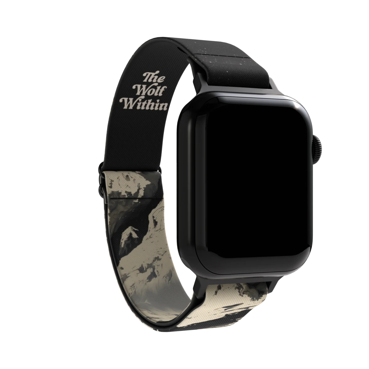 A black smartwatch with The Wolf Within Watch Band, featuring a black-and-white abstract design and "The Wolf Within" printed on the inner side, symbolizing inner strength. The watch screen is blank.