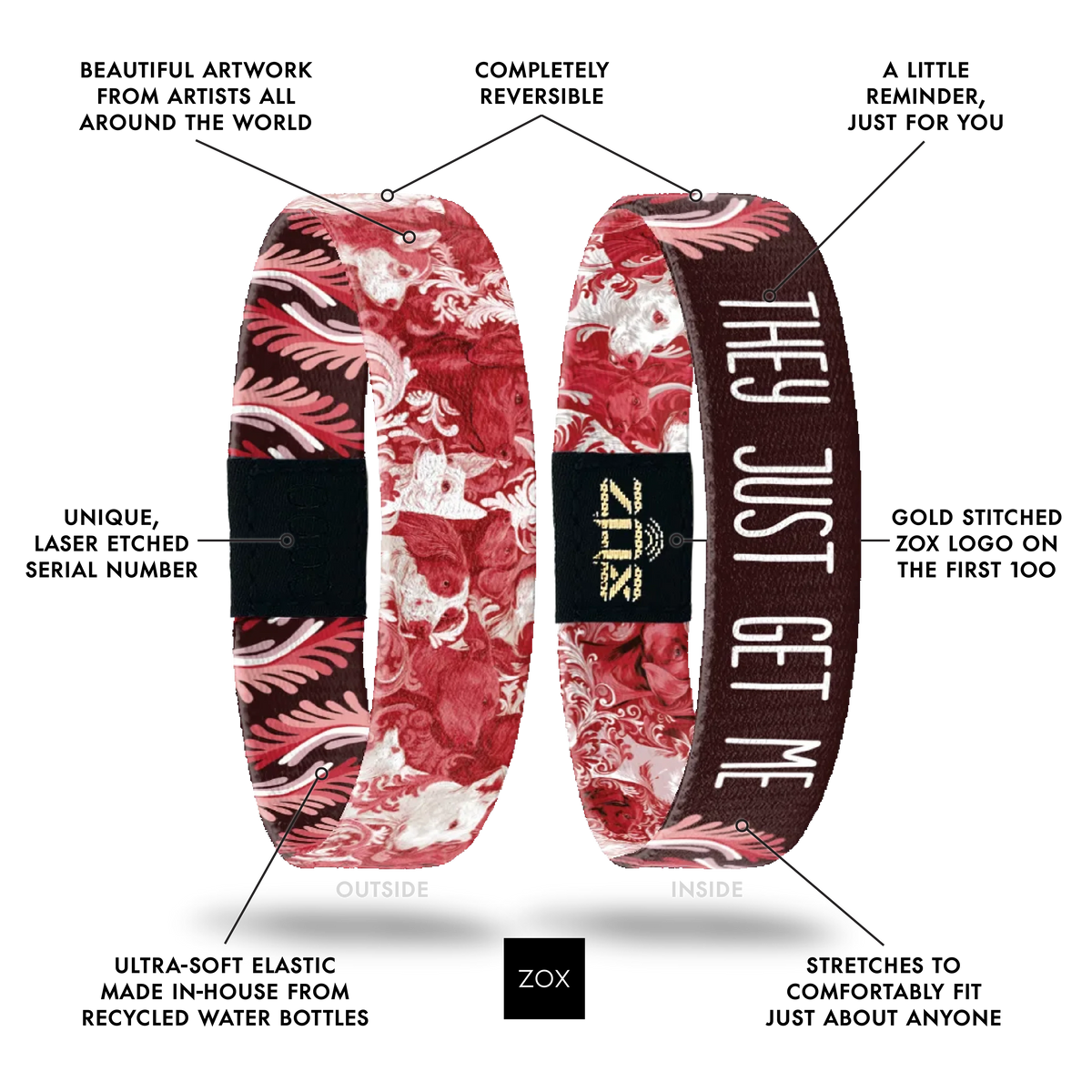 Front and back views of the They Just Get Me bracelet with callouts labeling its design features