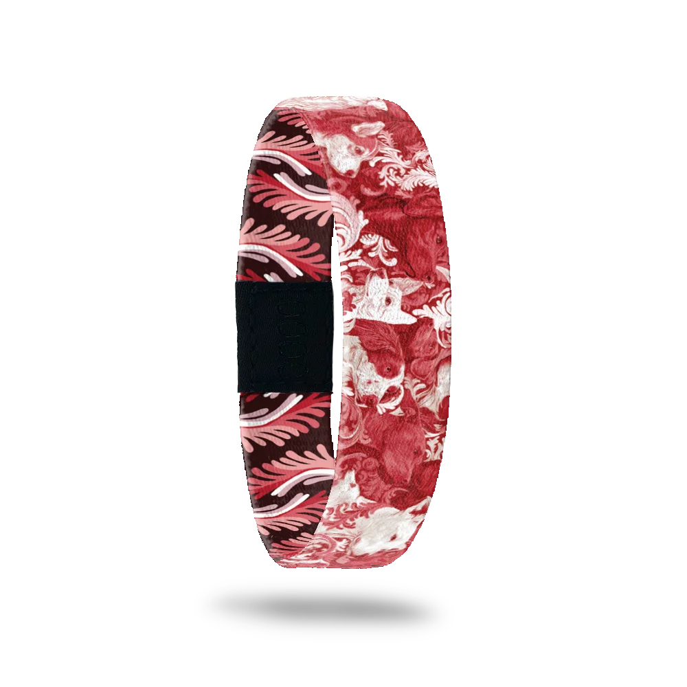 They Just Get Me bracelet showing dogs in deep red and white among scrolling leaf patterns