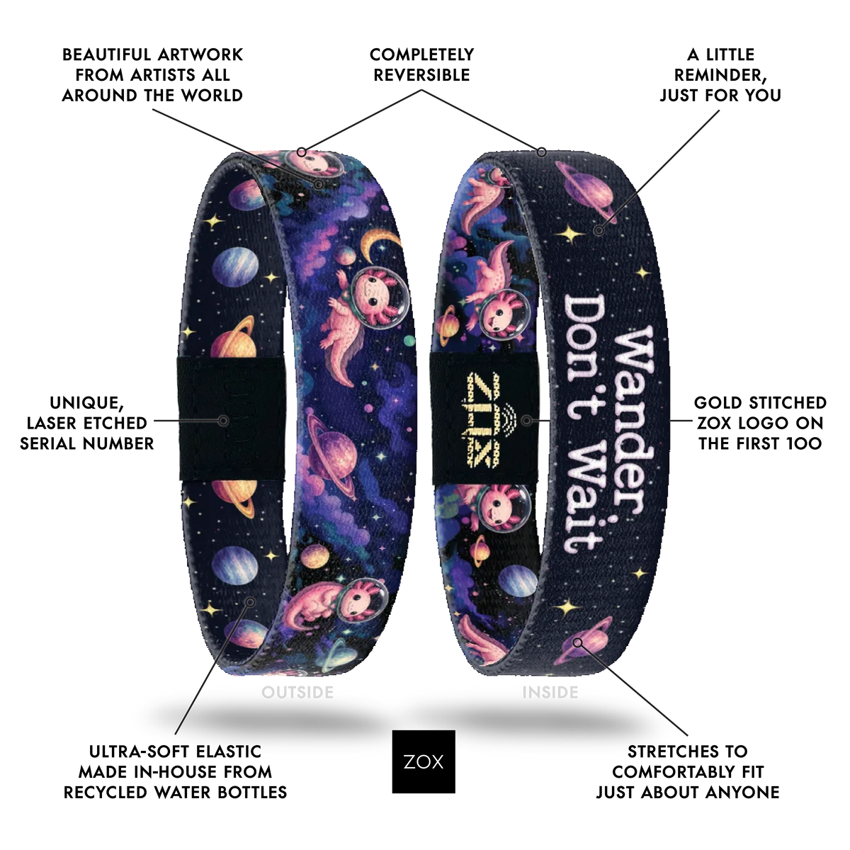 Front and back views of the Wander Don't Wait bracelet with callouts labeling its design features