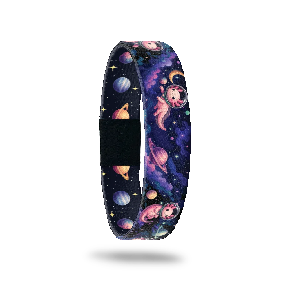 Wander Don't Wait bracelet showing axolotls in space helmets among planets and stars