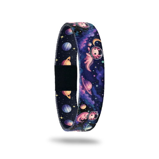 Wander Don't Wait bracelet showing axolotls in space helmets among planets and stars